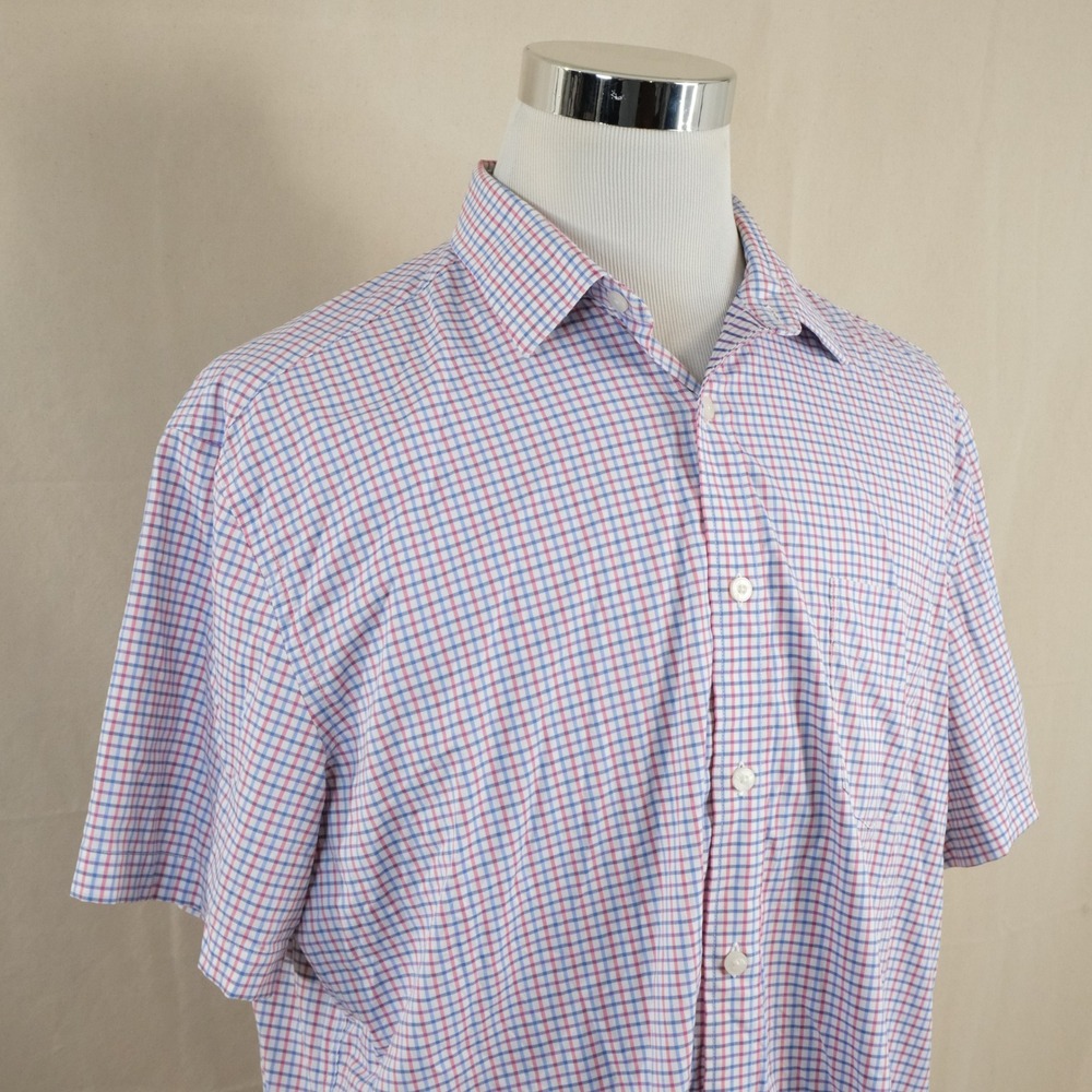 UNTUCKit XL Relaxed Fit Button Front Shirt Pink Blue Plaid Short Sleeve Mens